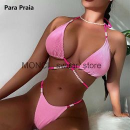 Women's Swimwear Para Praia Hot Pearl Halter Bikini Female Thong Swimsuit 2023 Women Cross Bandage Set Bathing Suit H240507
