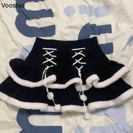 Skirts Autumn Winter Lolita Corduroy Mini Skirt Women Y2k Cute Plush Patchwork High Waist Party Girls Punk Bandage