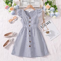 Girl Dresses 2024 Summer Arrival Dress Girls Sleeveless O Neck Ruffles Striped Blue Designer Cute Party Princess Kids Vestidos