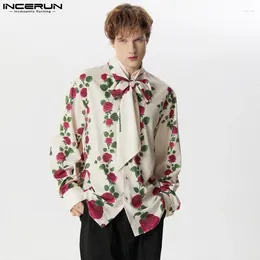 Men's Casual Shirts INCERUN Tops 2024 American Style Mens Tie Collar Rose Print Shirt Fashion Well Fitting Male Long Sleeved Blouse S-5XL