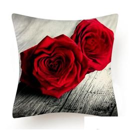 Cushion/Decorative Pillow Red Rose Flower Butterfly Print Cushion Er Sofa Office Flax Pillowcase Decor Bed Decoration Lumbar Drop Deli Dhnbr