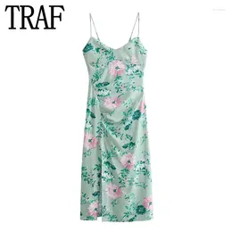 Casual Dresses Floral Slip Midi Dress Woman Green Print Sleeveless 2024 Summer Long For Women Backless Sexy Party