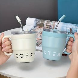 480ml Coffee Cup with Straw Lid Stainless Steel Thermos Mug for Cold Drinks Water Tea Milk Office Outdoor Portable Bottle 240417