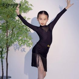 Stage Wear Latin Dance Clothes Girls' Autumn And Winter Black Tassel Skirt Practise Women's Suit