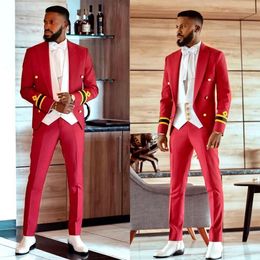 Men Wedding Tuxedos 2 Fashion Red Pieces Suits Pattern Peaked Lapel Single Breasted Customise Bright Coat Pants Formal Prom Party Tailored Handsome