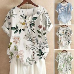 Women's Blouses Women Top Floral Print Summer T-shirt With Button Detailing Loose Fit Tee Shirt For Streetwear Style Round