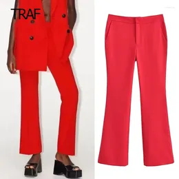 Women's Pants Autumn Red Flared Mid Waist Long Korean Style Fashion Trousers Office Wear For Women Professional
