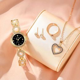 Women's Watches 5PCS Set Luxury Women Heart Necklace Earrings Ring Rhinestone Fashion Wrist Female Casual Ladies es Montre Femme