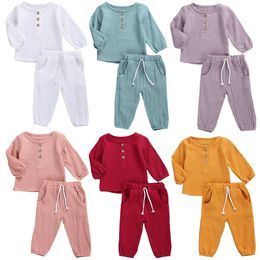 0-5Y baby cotton linen clothing autumn boys and girls button up long sleeved T-shirtsolid two-piece pants set 240424