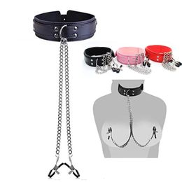 BDSM Leather Choker Collar With Nipple Breast Clamp Clip Chain Couple Slaves Adult Sex Toys Butterfly Style For Couples Games 240506