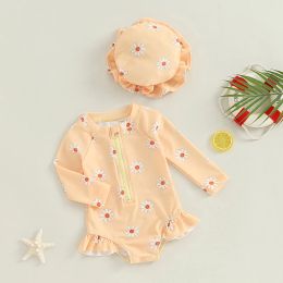 Swimwear Newborn Baby Girls Swimsuit with Hat Long Sleeve Flower Print Zipped Zipper Jumpsuit Bathing Suit Swimwear for Summer 03M