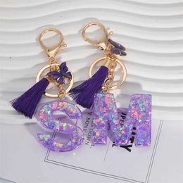 Keychains Lanyards A-Z Shiny Sequin Letter Keychain Resin Couple Initial Purple Stars Filled Pendant Keyrings Handbag Car Key Charm Accessories