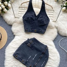 SINGREINY Trend High Street Denim Suits Backless Sleeveles Halter Y2K Top Zipper Pleated Mini Skirt Hollow Out Two Pieces Sets 240420