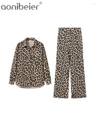 Women's Two Piece Pants Aonibeier Leopard Print Women 2 Sets Summer Long Sleeve V Neck Loose Shirt Female Straight Suits Y2K Outfits