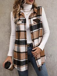 Women's Vests Casual Jacket Plaid Print Button Up Lapel Collar Tunic Vest Coat Leisure And Fashionable Top