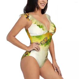 Women's Swimwear Sexy One Piece Swimsuit Push Up Butterflies Pond Plants Women Ruffle Monokini Bodysuit Bathing Suit