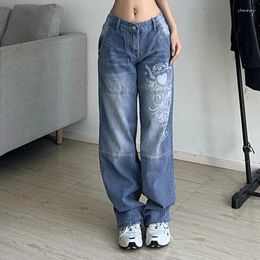 Women's Jeans 2024 Printed Cargo Y2K Dark Blue Brown High Waist Streetwear 90S Baggy Women Pants Straight Wide Leg