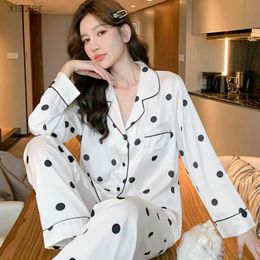 Women's Sleepwear 2PCS/Set Womens Pajamas Spring/Summer New Silk Long sleeved Womens V-neck Flower Elastic Leisure Casual Clothing WX