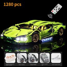 1280 PCS Technical 1 14 Green Racing Sports Car Building Blocks Assemble Bricks Vehicle Toys Gift For Boy Kids 240428