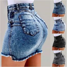 Skirts Womens sexy high waisted solid tassel pencil denim dress summer bandage jeans black pleated dress mini dress Q240507