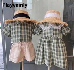 Family Matching Outfits Summer Sister Brother Sets Green plaid Shirts+Lace collar dress Baby Boy Girl Clothes H240507