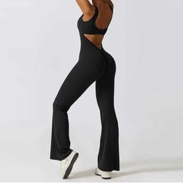 Women's Jumpsuits Rompers Sexy Hollow Backless Scrunch Gym Flare Jumpsuit Sport Casual Women One Piece Outfits Dance Jump Suit Black Overalls T240507