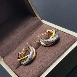 Europe America Fashion Style Lady Women 3 Color Metal Engraved Initials Settings Diamond Plated Gold Hoop Stud Earrings