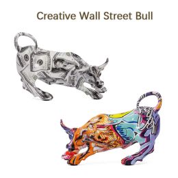 Sculptures Graffiti Painting Bull Figurines Resin Wall Street Bull OX Statue Living Room Animal Crafts Ornaments Home Office Decor