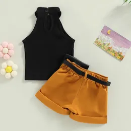 Clothing Sets Toddler Girls Summer Outfits Black Sleeveless Hanging Neck Tank Tops Solid Colour Shorts With Waist Bag 2 Pieces
