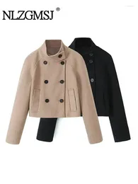 Women's Jackets Nlzgmsj Elegant Woolen Coat Winter For Women Vintage Jacket Loose Stand Collar Double Breasted Warm Wool