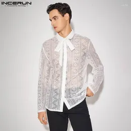 Men's Casual Shirts Stylish Style Tops INCERUN 2024 Mens Vertical Strip Hollow Blouse Sexy See-through Lace Striped Long-sleeved S-5XL