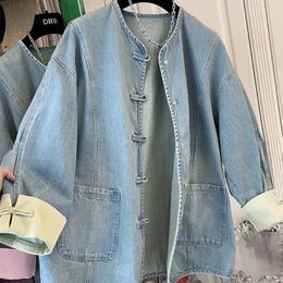 Chinese Style Retro Stitching Large Size Denim Jackets Women Loose Casual Personality High Street Jacket Overcoat Male Clothes 240423