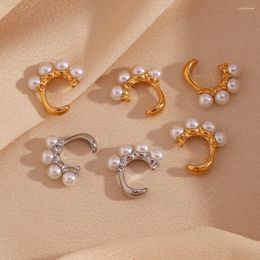 Backs Earrings Four Pearl J-shaped Ear Clips Hypoallergenic Silver Colour 316L Stainless Steel Jewellery 18K Gold Plated Women's Earring
