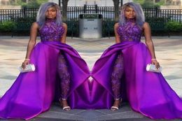Classic Jumpsuits Prom Dresses With Detachable Train High Neck Lace Applique Bead Evening Gowns African Party Women Pant Suits ves2827643