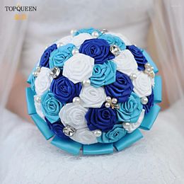 Wedding Flowers TOPQUEEN F6-BL Bouquet Blue Royal Handmade Corsarge Bride Flower