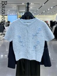 Women's Knits 2024 Store Blue Embroidered Woman Button Slim Sweater Cardigan O-neck Knit Crop Top Official