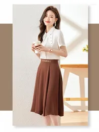Work Dresses Women's Summer White Pink Button Elegant Short Sleeve Shirt Tops And High Waist Pleated Midi Skirt Casual Fashion Two-piece