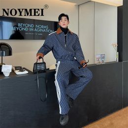 NOYMEI Fashionable Printed Denim Two Pieces Set Mens Loose Shoulder Pad Jacket Straight Wide Leg Pants High Street WA2657 240426