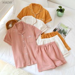 여자 잠자기 일본 여름 커플 파자마 세트면 크레페 여자 단색 짧은 슬리브 셔츠 파자마 세트 wx