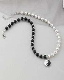 Chokers Round Pearl Beads Yin Yang Taichi Pendant Stainless Steel Chain Unisex Necklace Couple Jewellery Women Mens5544821