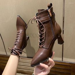 Boots Cross-Tied Knight Riding For Women Zip Slim Mid-Calf Modern Pointed Toe Thin High Heels Booties Woman Winter 2024