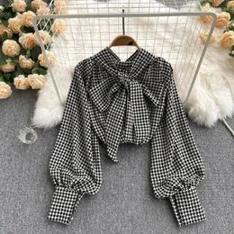 Women's Blouses Houndstooth Plaid Bow Collar Chiffon Vintage Lantern Sleeve Pullover Blouse Shirt Korean Fashion Female Clothing Tops