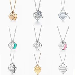 Classic T letter s925 Sterling silver Double heart card Heart card pendant drop rubber diamond gold plated love blue necklace series