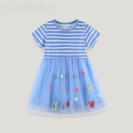 Sommarklänning för flickor Euro-amerikansk stilfjäril Butterfly Flower broderi Princess Dress for Children Fashion Randig Gaze Dress