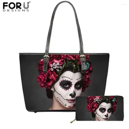 Evening Bags FORUDESIGNS Gothic Skull Girls Pattern Women Casual Tote Bag And Wallet Cool Personality Lightweight Ladies Handbag Set 2024
