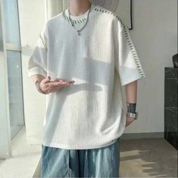 Men's T-Shirts Summer Waffle Half Slve Manual Sewing O-Neck Short Men T-shirt Korean Hip Hop Style Solid Color Women Tops H240506