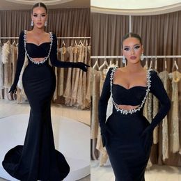 Mermaid Evening Gown Sexy Black Beads Floral Sleeves Party Prom Dresses Formal Long Dress For Special Ocn