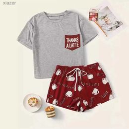 Women's Sleepwear Casual coffee and letter printed pajama set with short sleeved crew neck top and elastic short sleeved womens pajamas and casual wear WX