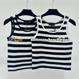 Women Striped lace Knit Vest Classic Black White Striped Tanks Tees Slim Fit Short Style Sleeveless Knit Tops Sleeveless Backless Top