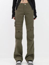 Womens Army Green Cargo Pants Y2k Retro Fashion High Waist Baggy Trouser Harajuku Streetwear Wide Leg Pants Clothes Autumn 240506